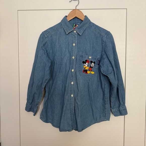 Vtg 90's Mickeys Stuff For Kids Mickey Mouse Denim Jean Shirt Button Up Sz 14 - Picture 1 of 9